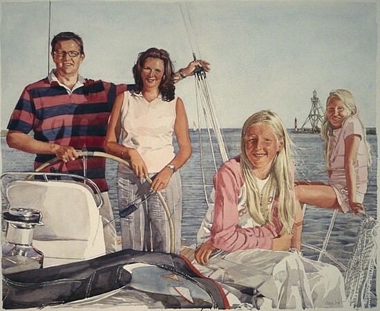 Gezinsportret in aquarel op IJsselmeer 2004
