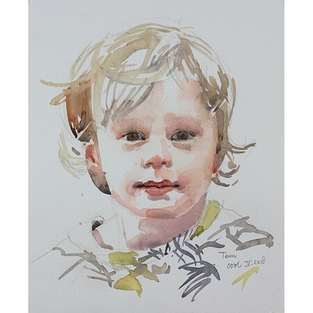 Portretschets Teun - Aquarel met bruine conté 2018
