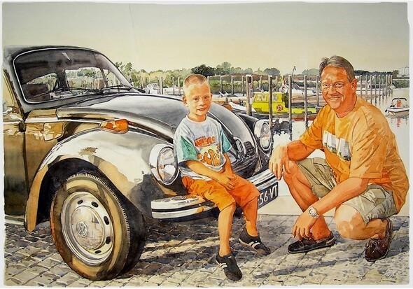 Capelle aan de IJssel met haven - Portret met VW kever  - Aquarel 2006